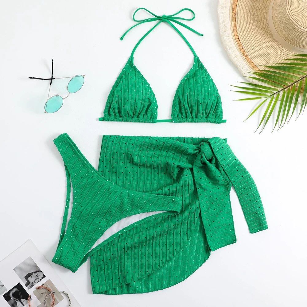 Halter Thong Bikini Set with Sarong Skirt