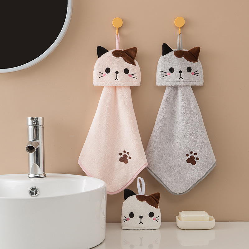 Cute Cartoon Cat Hand Towel, Thickened Coral Velvet Cloths for Kitchen, Bathroom & Home, Quick-Drying Cleaning Cloths