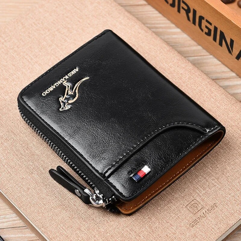 Premium Zipper Mens Leather Wallet with Business Card Holder and Secure Protection