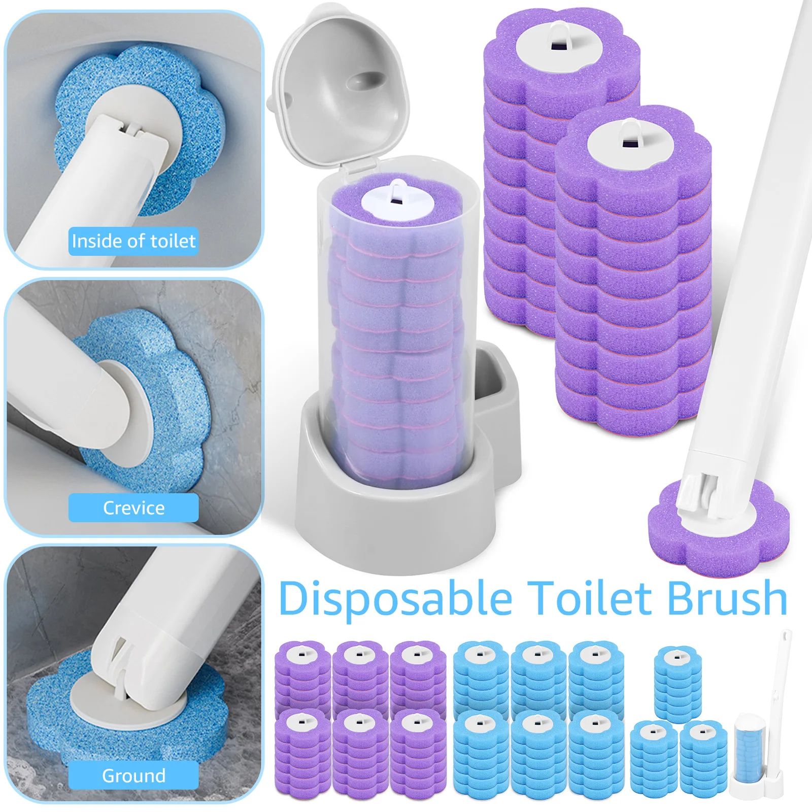 Disposable Toilet Brush Toilet Cleaning Wand Kit with 18/36 Toilet Brush Replacement Heads and Long Handle