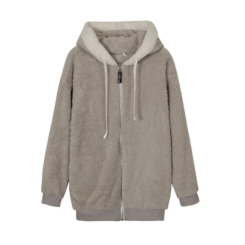 Cozy Womens Plush Hooded Jacket Loose Zip Up Winter Fleece Coat