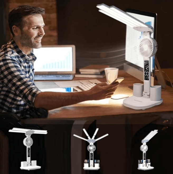 Multifunction LED Desk Lamp with Fan Clock and USB Charging Folding Table Light