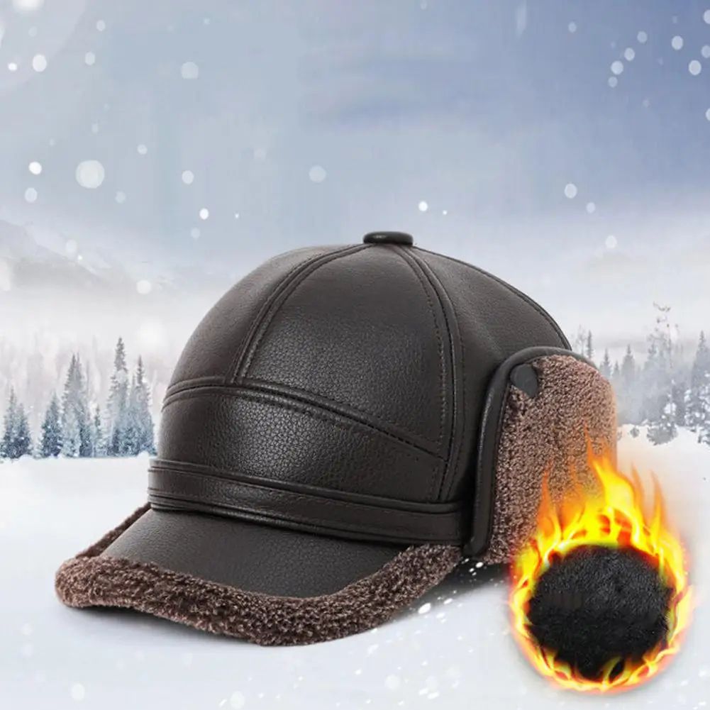 Premium Winter PU Leather Baseball Cap with Earflaps – Windproof Warm Hat for Men