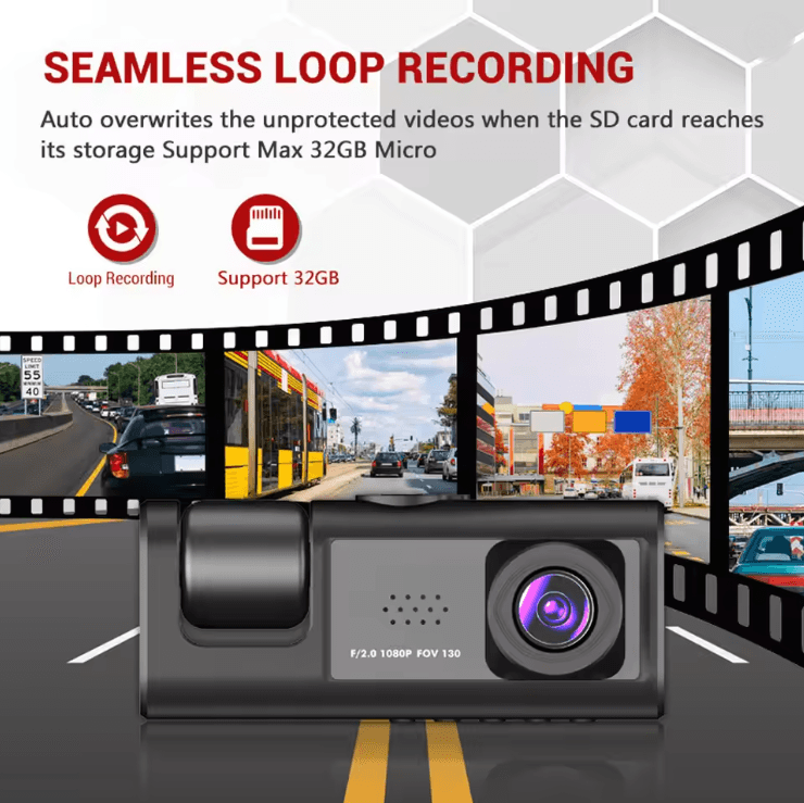 All Around Guard 3 Channel Dash Cam with IR Night Vision and Loop Recording