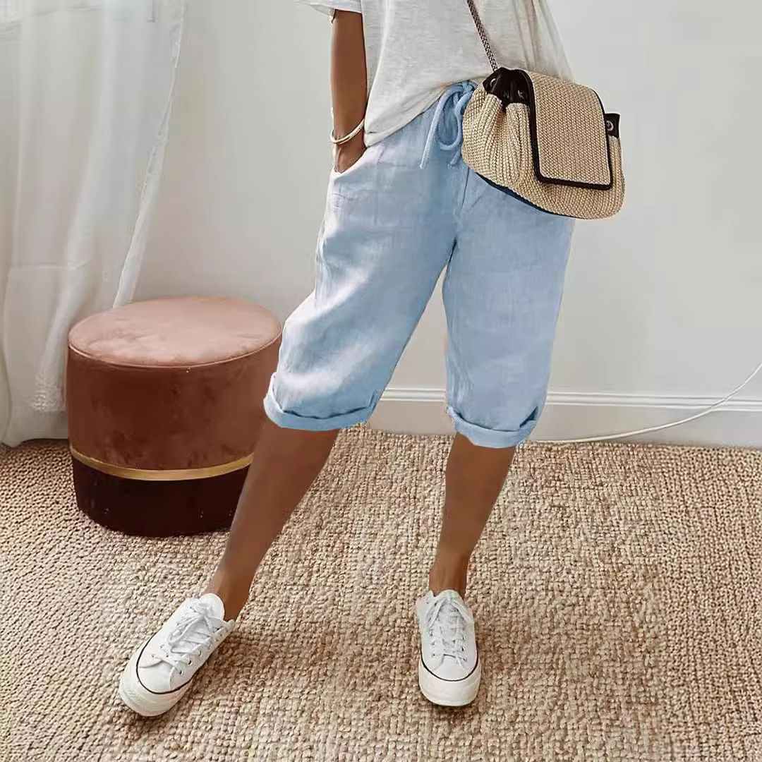 Women's Cotton Linen Summer Shorts – Elastic Waist Casual Pants with Pockets, Lightweight 5-Quarter Design