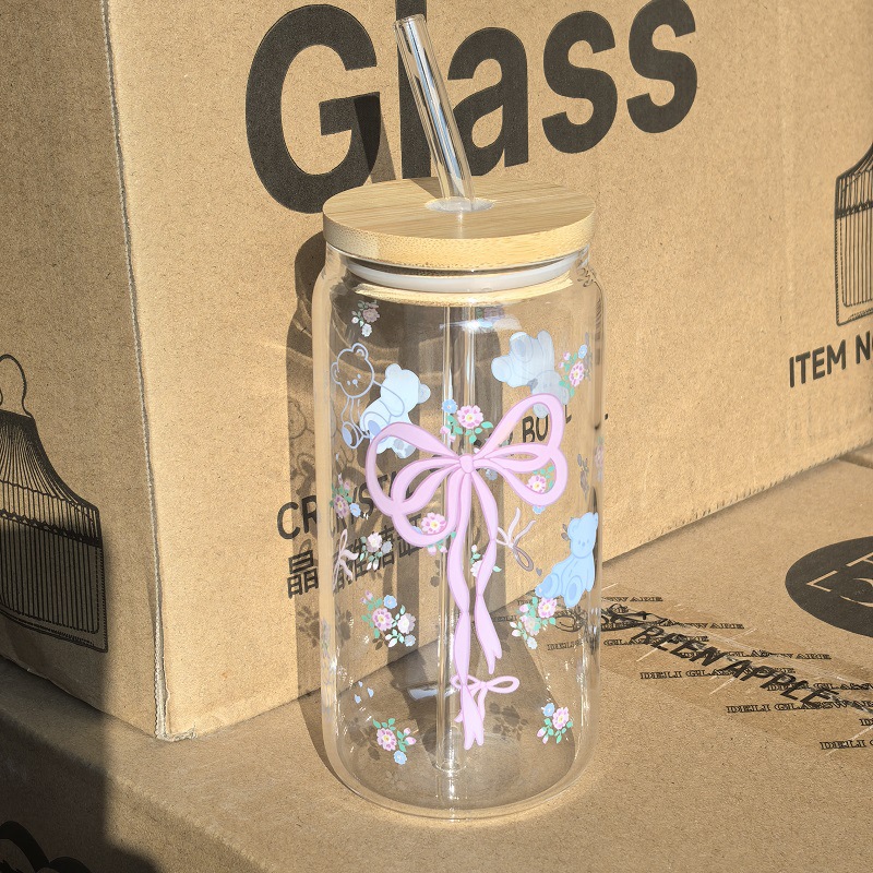 Cherry Bow Glass Tumbler Mason Jar Style Water Bottle with Lid Straw for Iced Coffee Juice