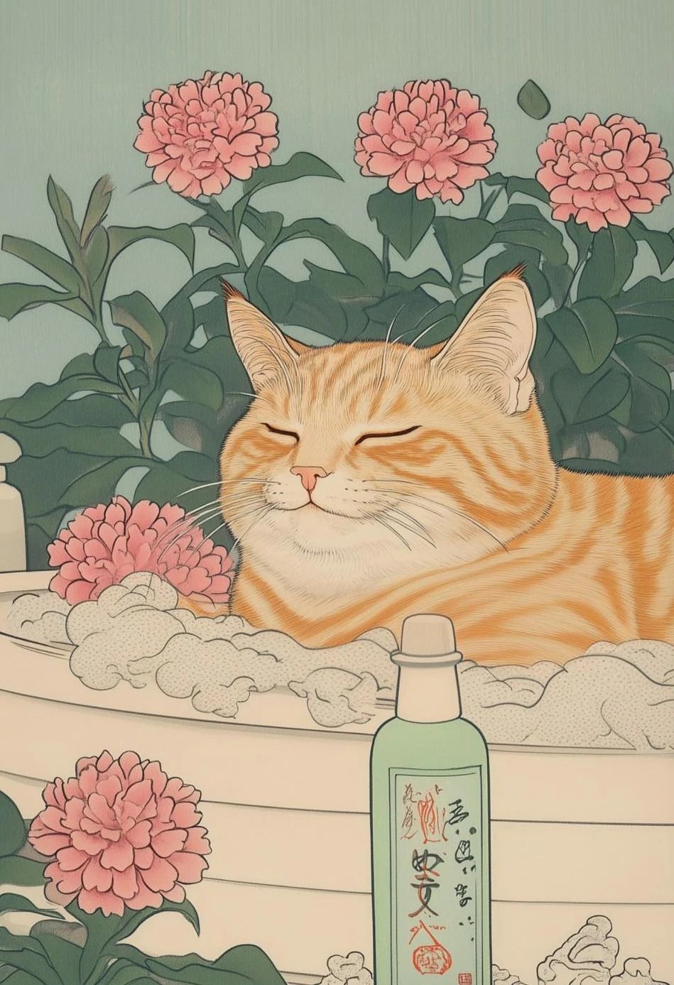 Japanese Tabby Cat in Bathtub | Retro Aesthetic Japandi Canvas Art