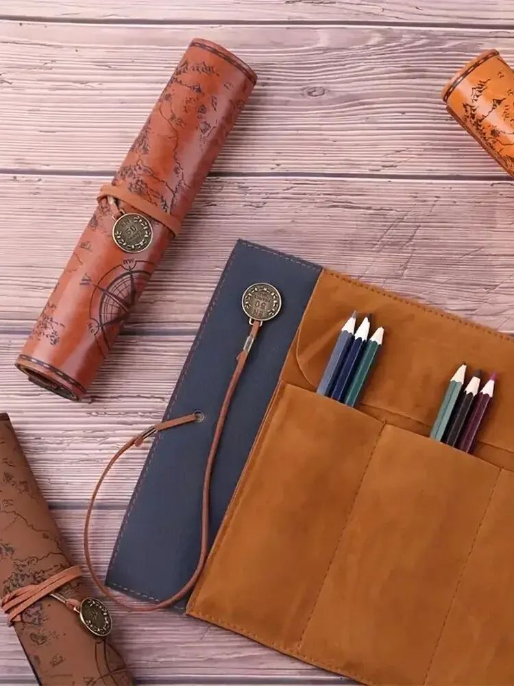Creative Treasure Map Retro Pencil Case Leather Large Capacity Roll Pencil Bag with Embossed Buckle, Simple Stationery