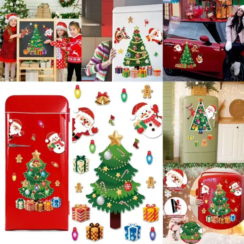 Magnetic Christmas Tree Fridge Decor Set – Christmas Fridge Magnets with Santa & Reindeer for Refrigerator, Metal Door