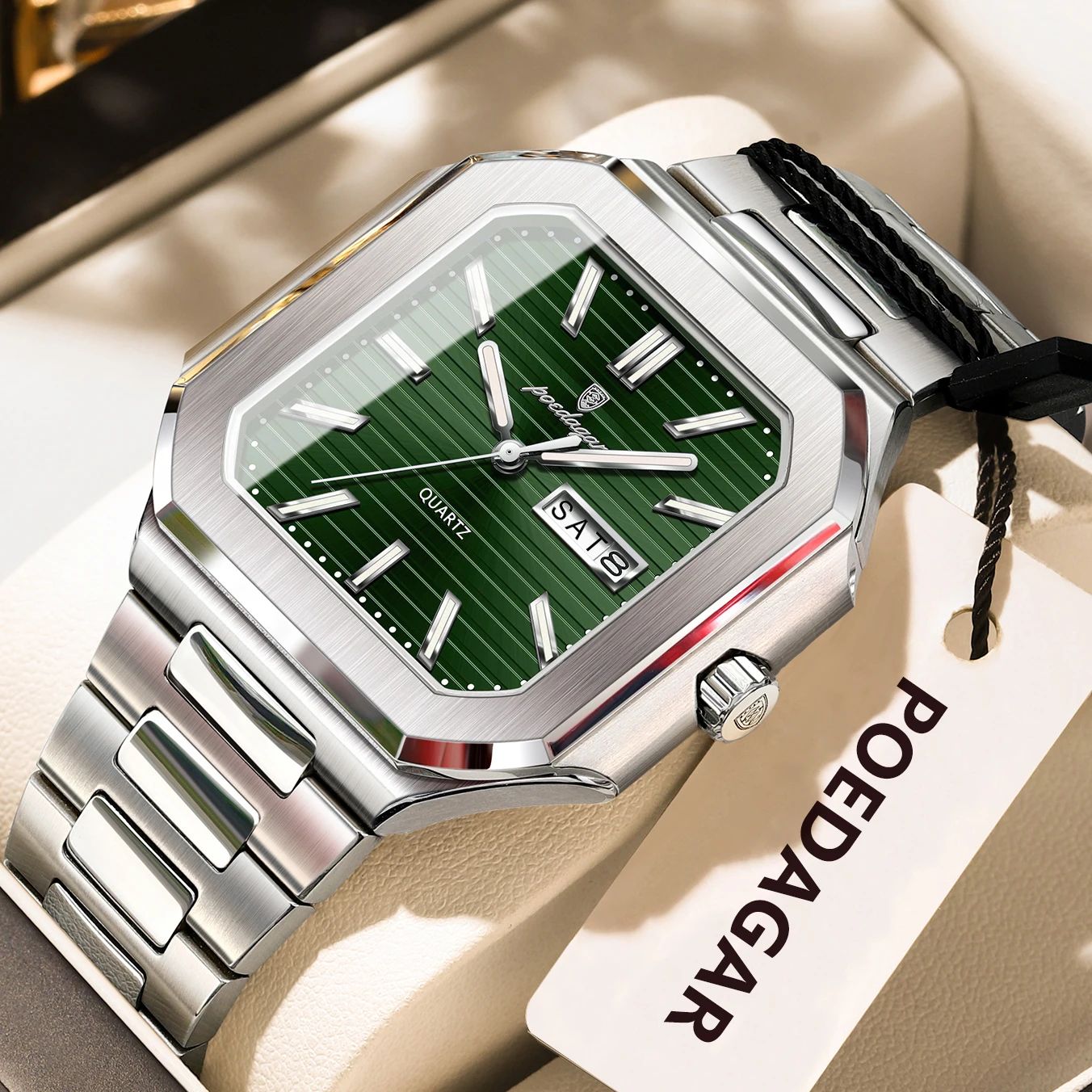 POEDAGAR Luxury Square Waterproof Men's Quartz Watch with Luminous Date & Week