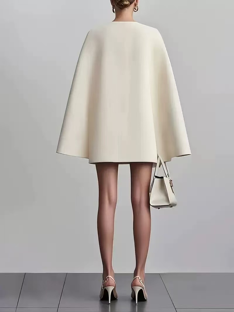 Elegant V-neck Shawl Cape Sleeve Blazer Dress – Double Breasted Office & Party Dress