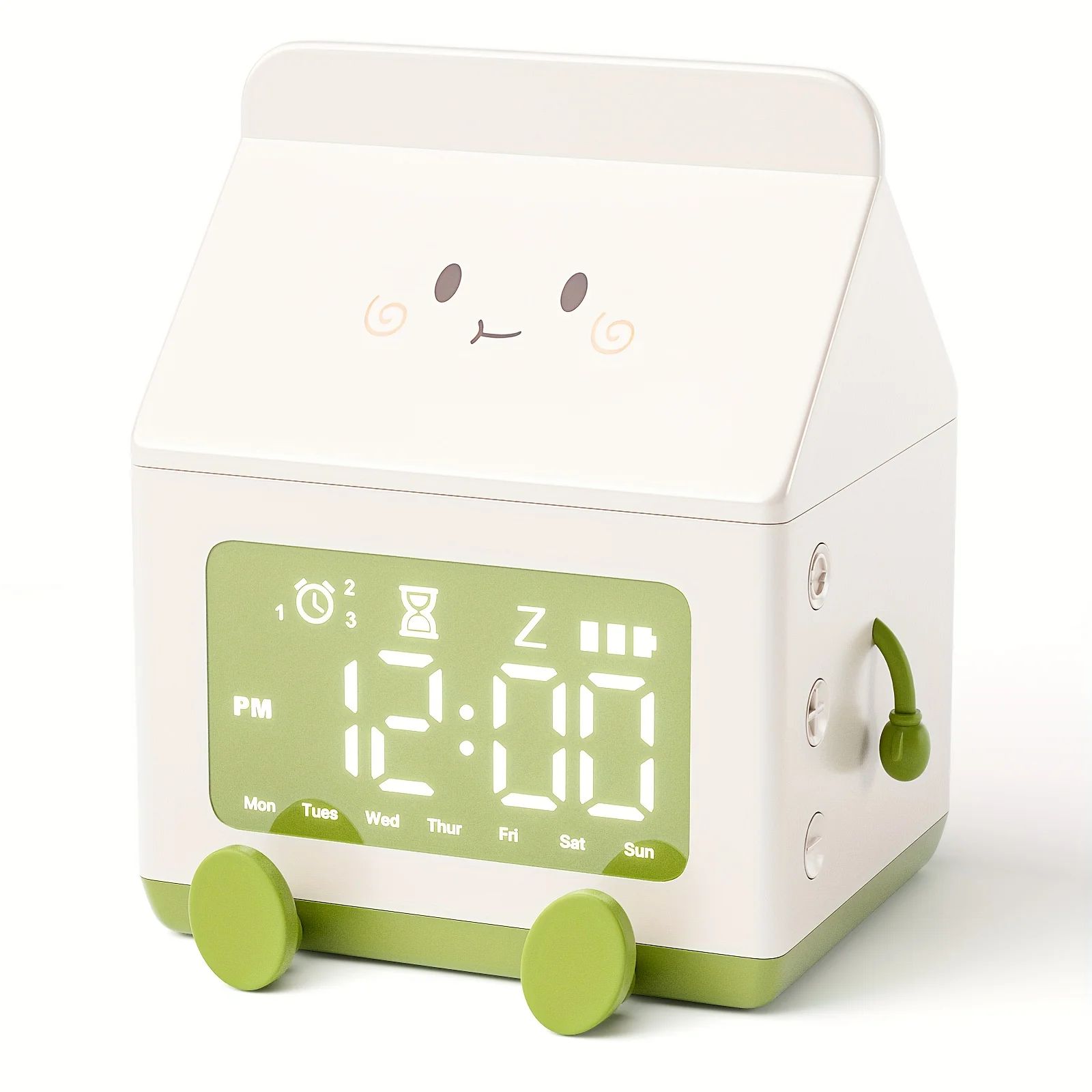 Cute Milk Box Digital Alarm Clock - Mini LED Date Display, Countdown Timer, Silent Triple Alarm, Rechargeable