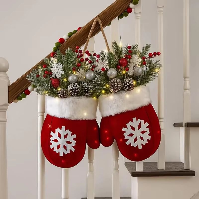 Creative Christmas Glove Wreath Garland Festive Door Hanging Decoration with Simulated Flowers