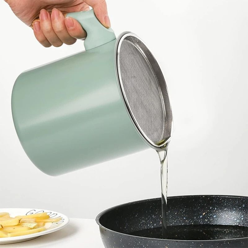 Stainless Steel 1.4L Bacon Grease Container & Fine-Mesh Oil Strainer