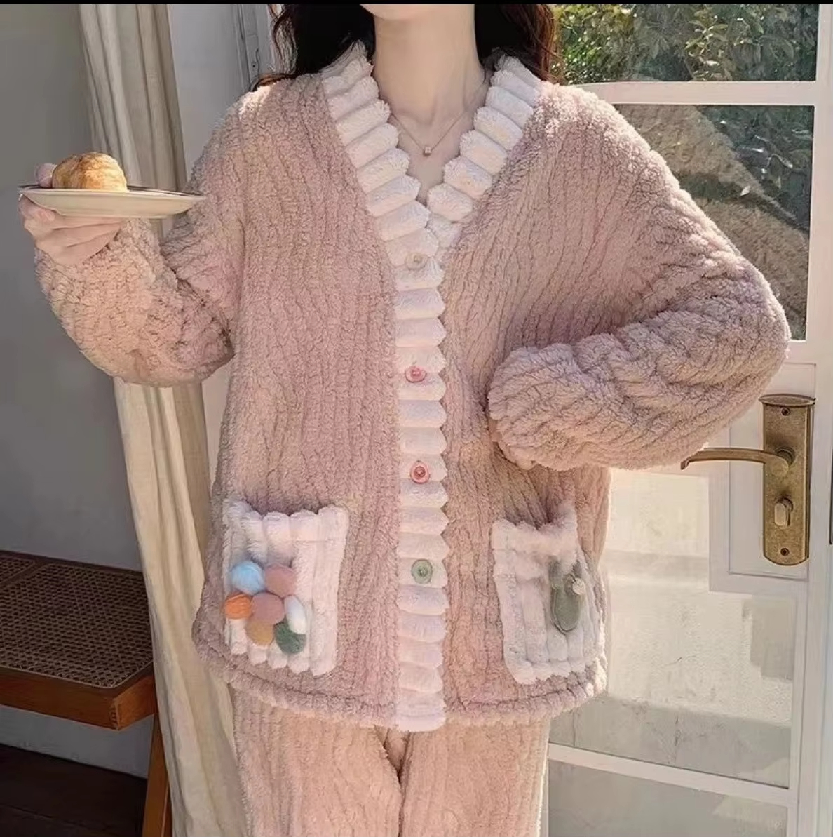 Cozy Thickened Warm Flannel Women Sleepwear, Winter Sweet Kawaii Soft Fairy Wind Loungewear Pajamas Cardigan Suit