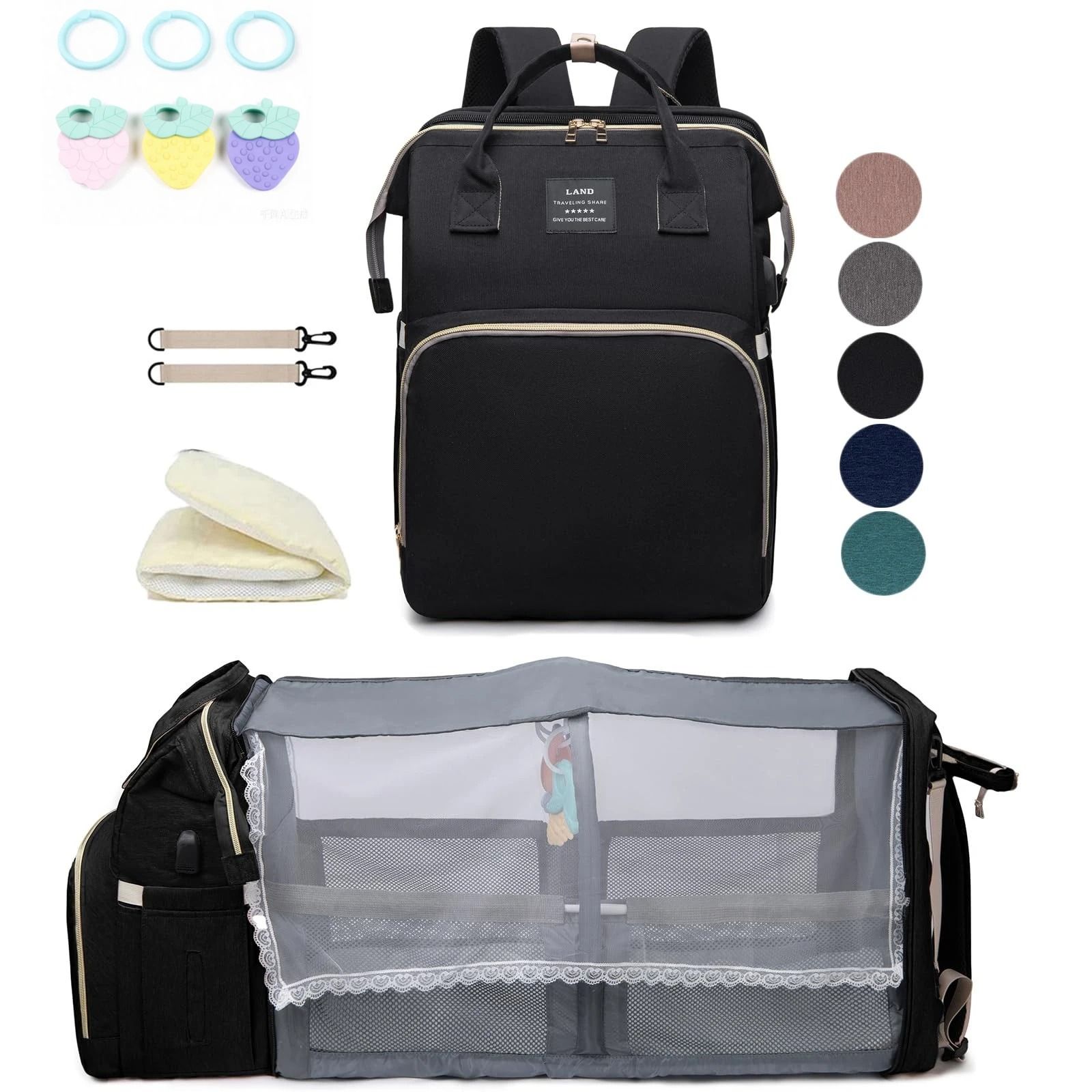 Lightweight Diaper Bag Backpack with Folding Crib Travel Bed