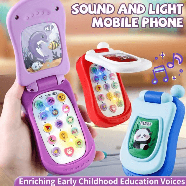 Cartoon Flip Phone Toy for Kids – Interactive Musical Learning Phone with Lights & Sounds