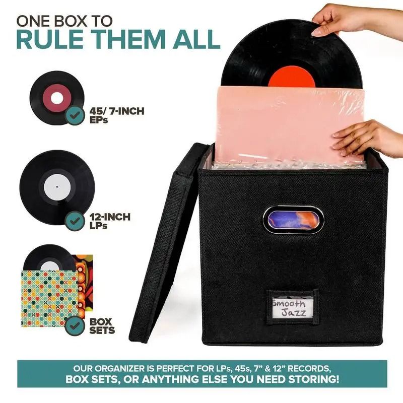 Vinyl Record Storage Box for 12-Inch LP Albums with Lid and Handles