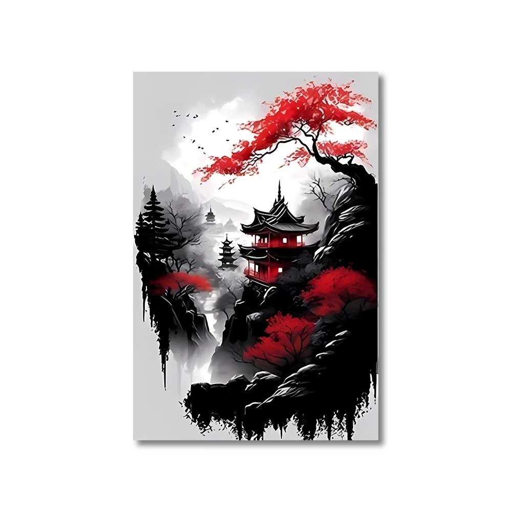 Japanese Wall Art Set Vintage Landscape Canvas Prints in Black and Red Oriental Decor