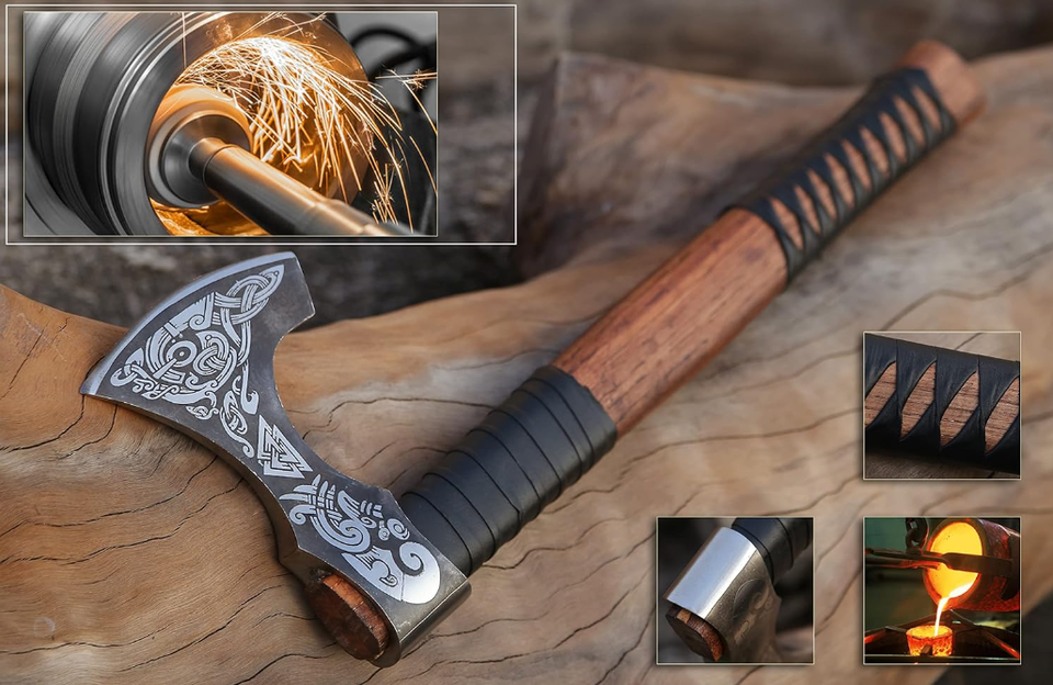 Hand-Forged High Carbon Steel Viking Axe | Leather-Wrapped Ash Wood Handle | Perfect Anniversary Gift