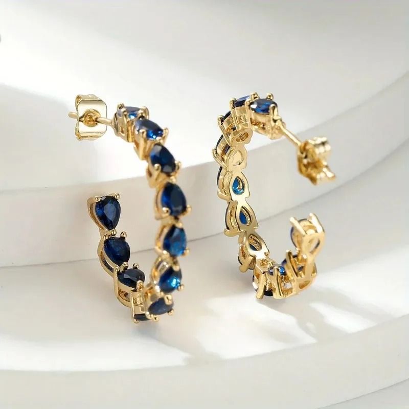 Blue Teardrop Zirconia Gold Color Earrings Luxury Elegant Women Jewelry