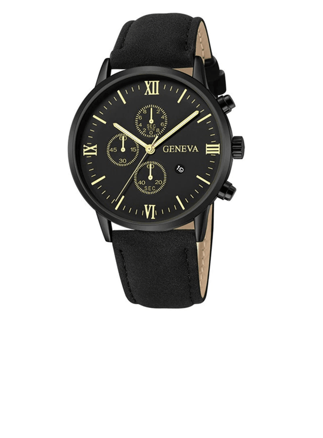 Mens Casual Leather Quartz Watch with Calendar