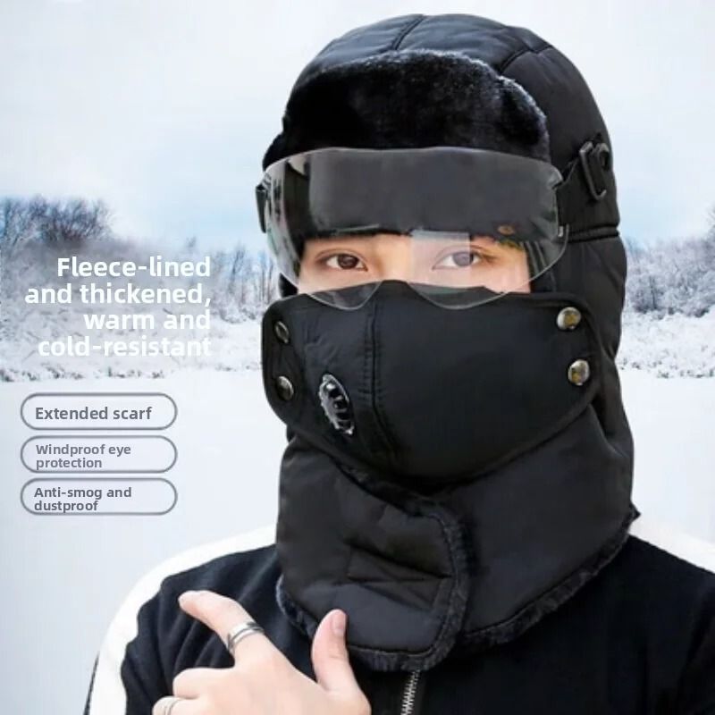 Winter Windproof Ski Hat with Goggles – Thick Warm Fleece Cycling Hood for Men and Women