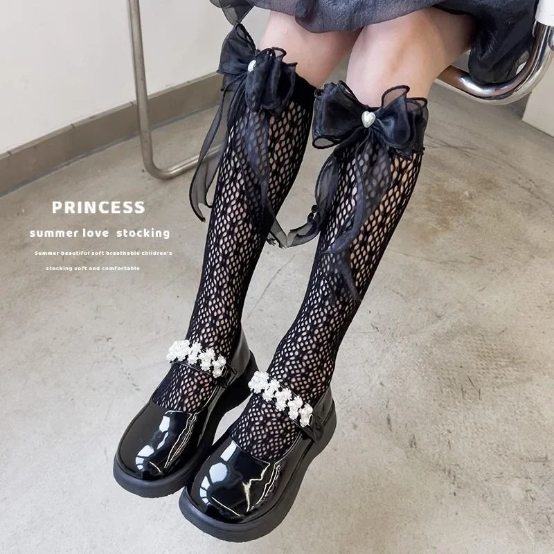 Four-Season Girls' Bow Mesh High-Tube Socks