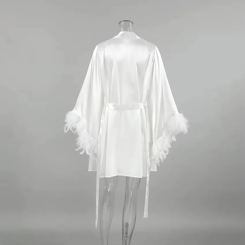 Elegant Feather Bridal Kimono Robe – Sexy Rayon Summer Sleepwear & Wedding Morning Gown