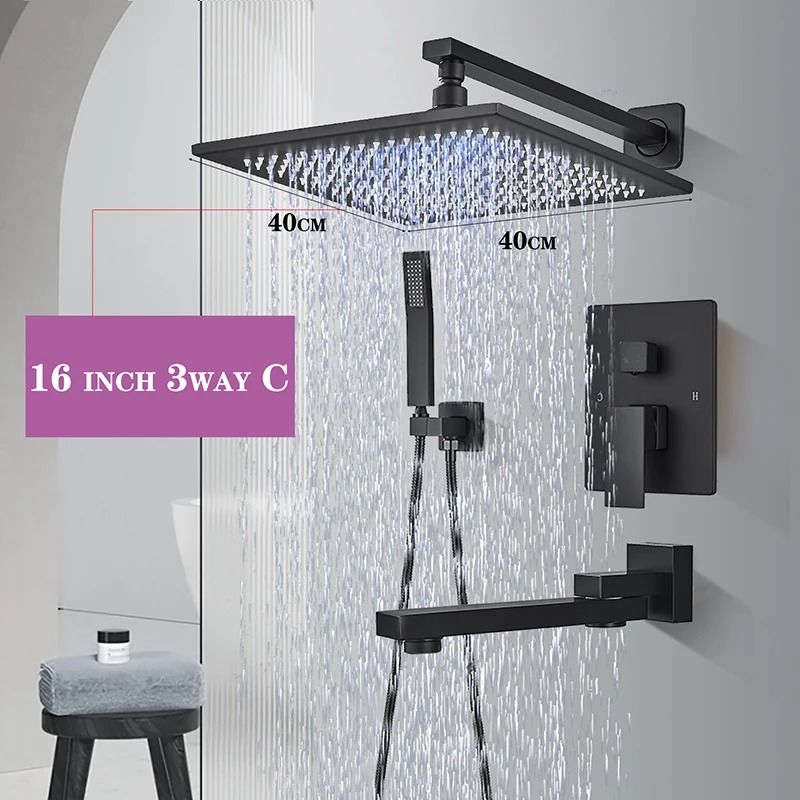 Matte Black rainfall shower set Wall Mounted bathroom shower faucet with LED Shower Head Mixer Tap