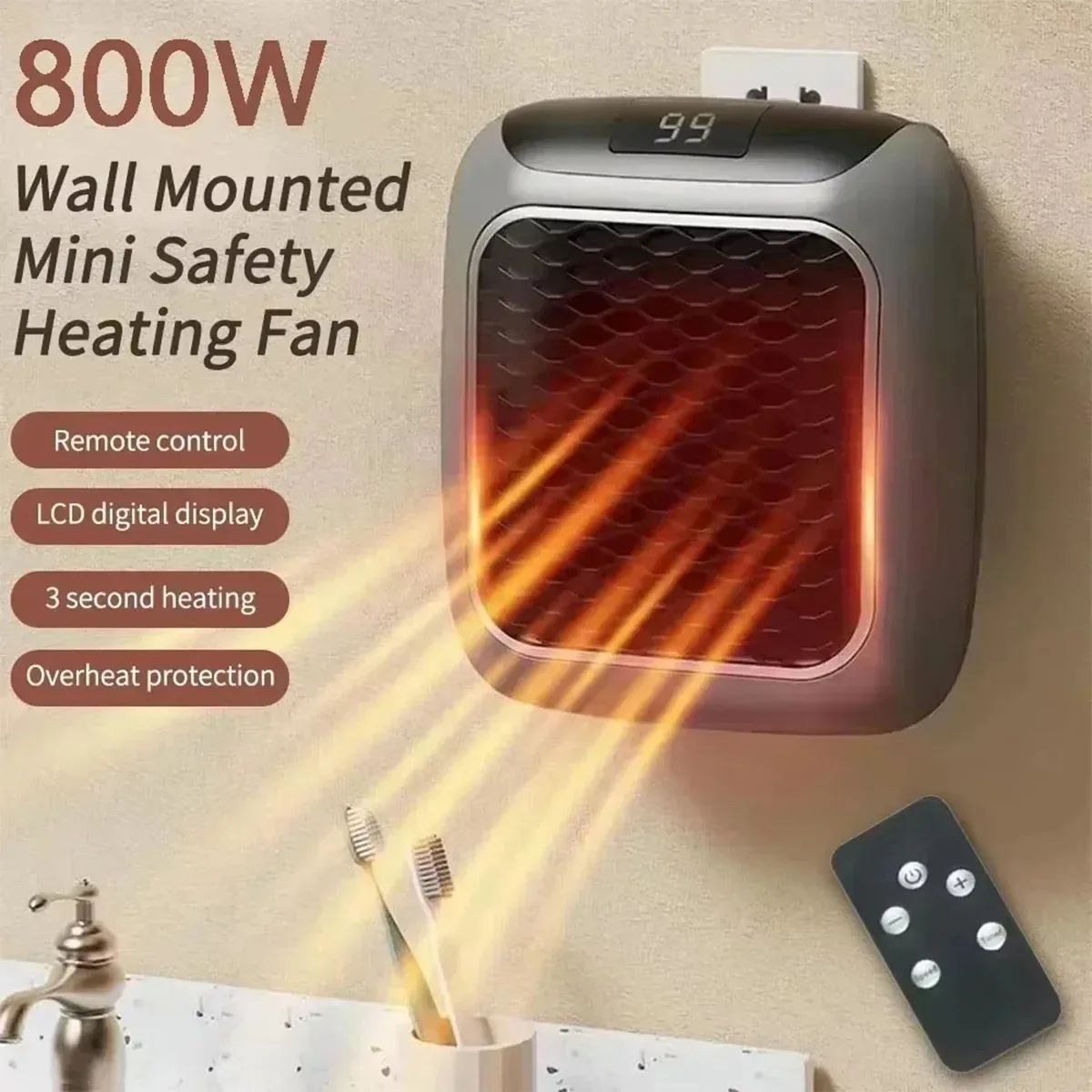 800W Mini Electric Heater Wall Mounted Hot Air Blower with Remote Control for Bedroom Bathroom