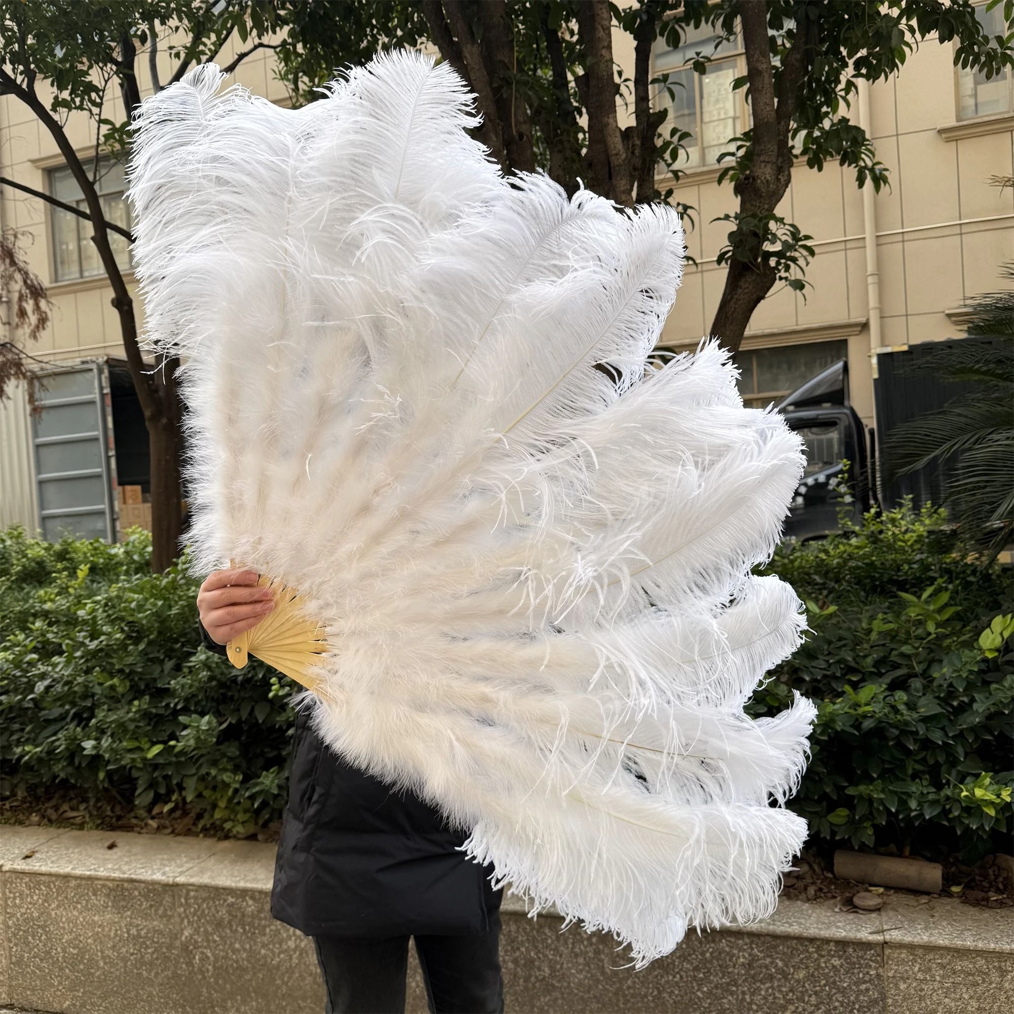 Large Ostrich Feather Fan Folding Dance Performance Stage Prop