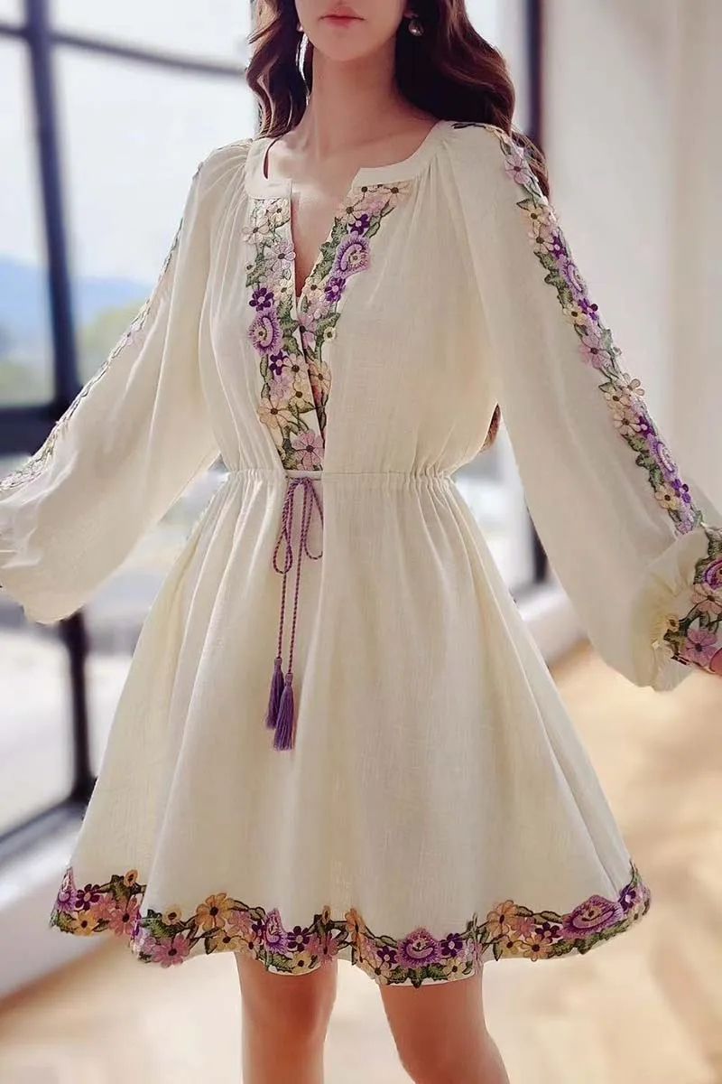Embroidered Chiffon Dress with Lantern Sleeves – Elegant Beach Style Dress Knee-Length Y2K Spring Dress