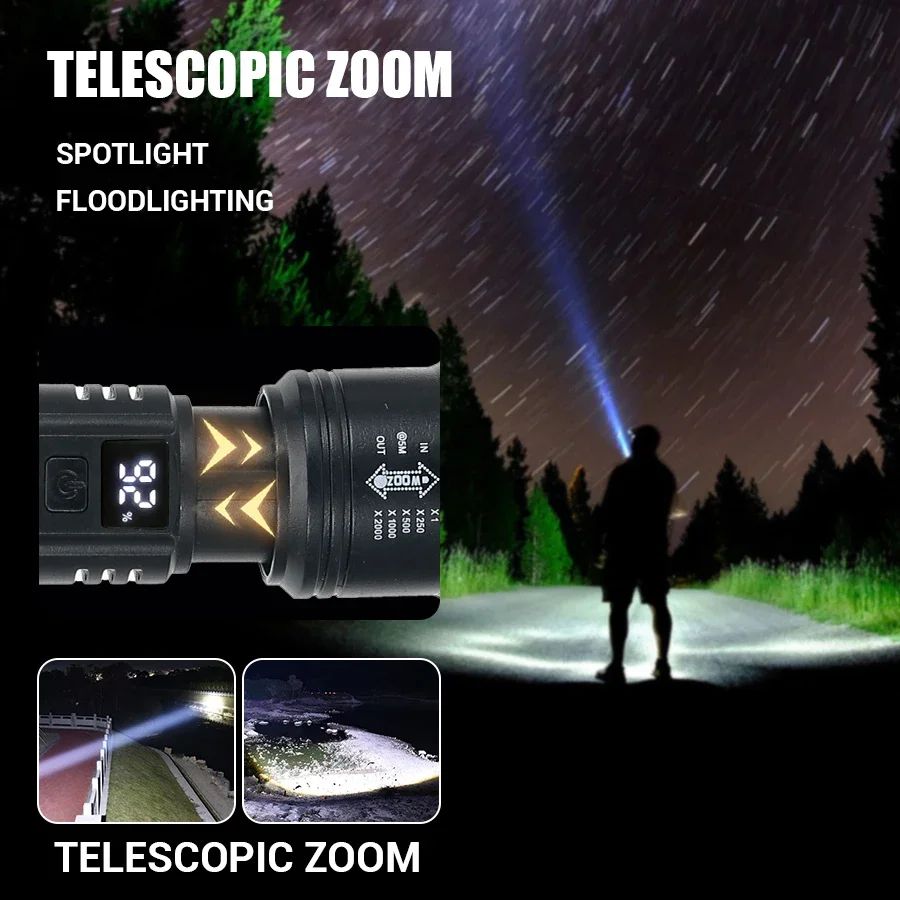 USB Rechargeable 2000LM Tactical LED Flashlight with Zoom and Display