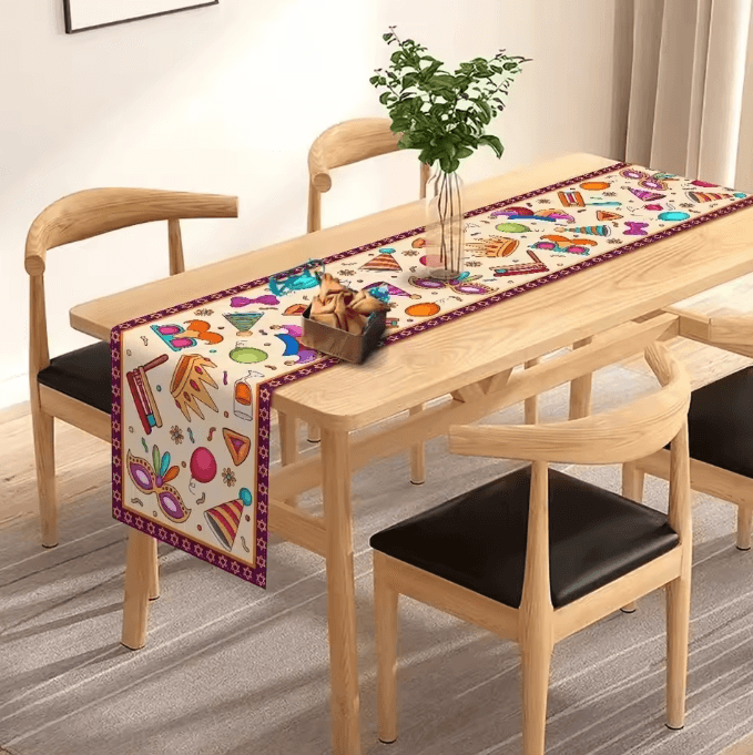 Happy Purim Festive Table Runner – Colorful Jewish Holiday Decor for Dining & Party Tables