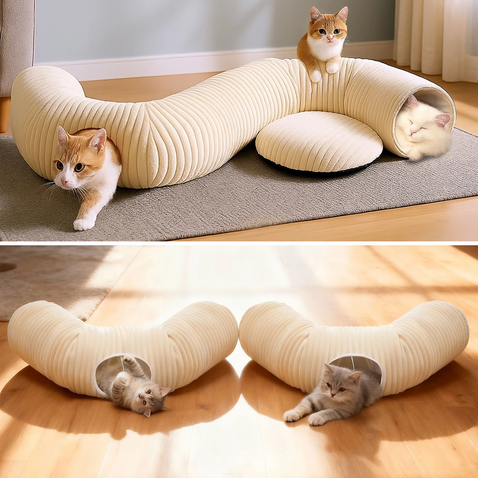 Plush Cat Tunnel Bed with Toys