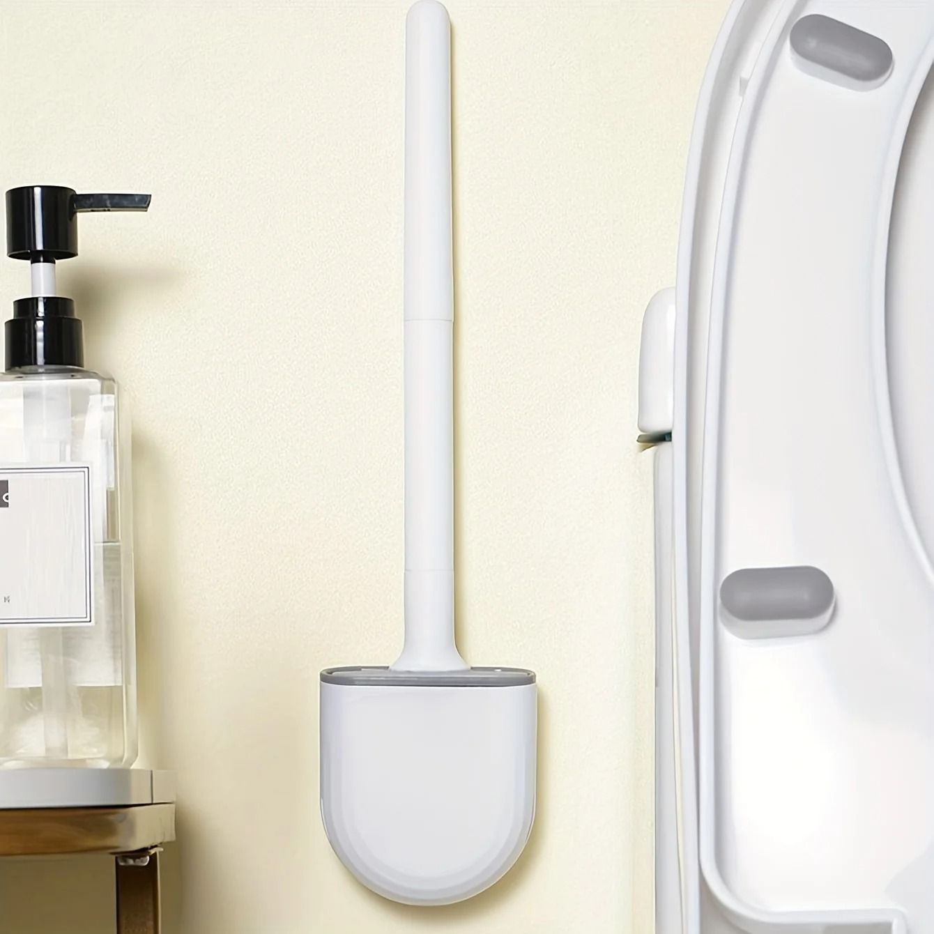 Hanging silicone toilet brush with Quick Dry Holder and Long Handle Bathroom Cleaner