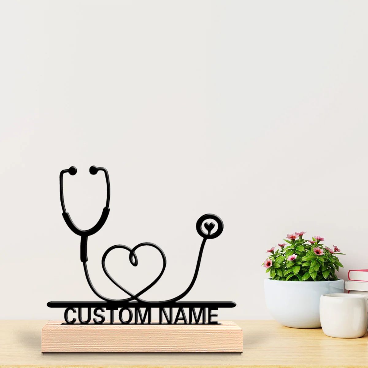 Personalized Stethoscope Desk Decor Metal Statue with Wooden Base for Doctors