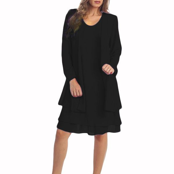 Elegant 2 Piece Chiffon Dress Set, Women Casual Long Sleeve Cardigan and Dress, Wedding Evening Party Outfit