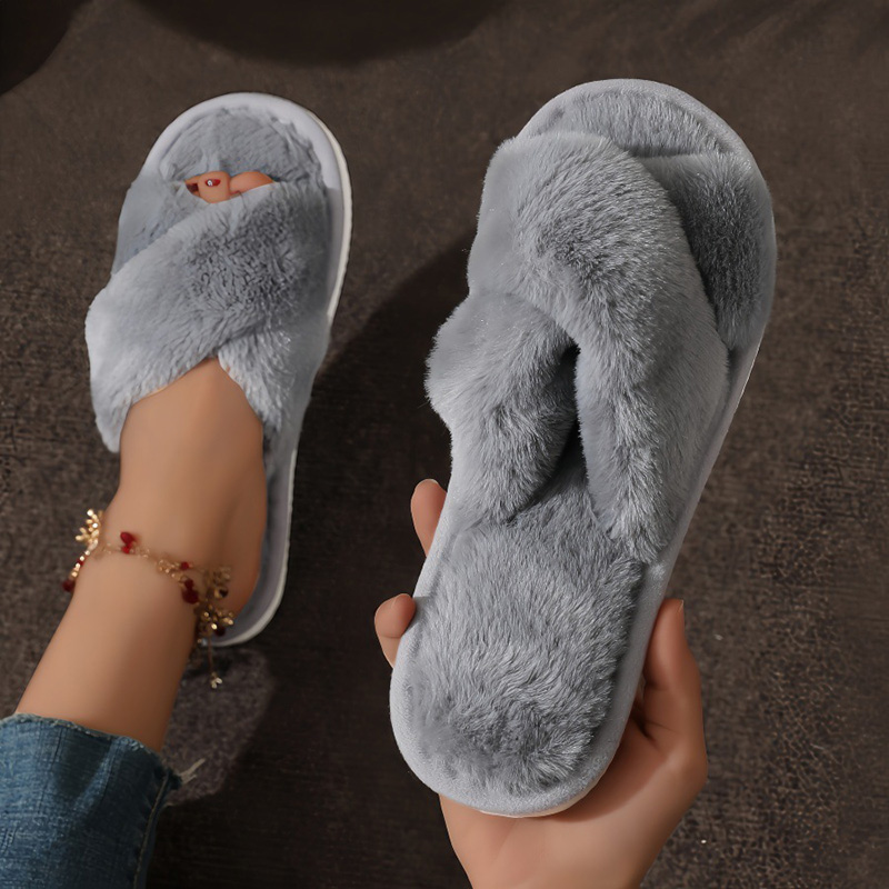 Fashion Cross Strap Faux Fur Slippers Cozy Indoor Plush Slippers for Women Light Warm Home Slides with Flat Heel