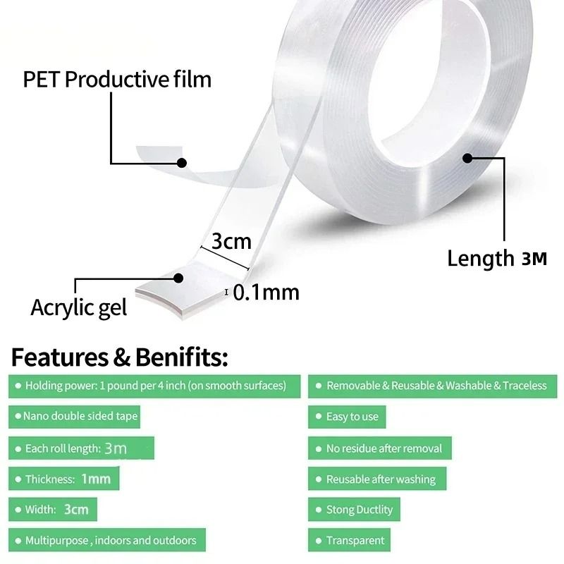 Transparent Double Sided Nano Tape Waterproof Reusable Mounting Tape Roll