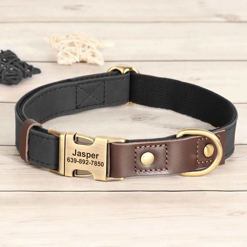 Custom Engraved PU Leather Dog Collar Adjustable ID Buckle