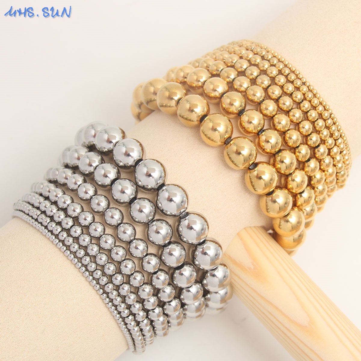 Trendy Stretch Stainless Steel Bracelets in Gold and Silver Colors: 2MM, 5MM, 8MM Stacked Ball Beaded Bracelets for Wome