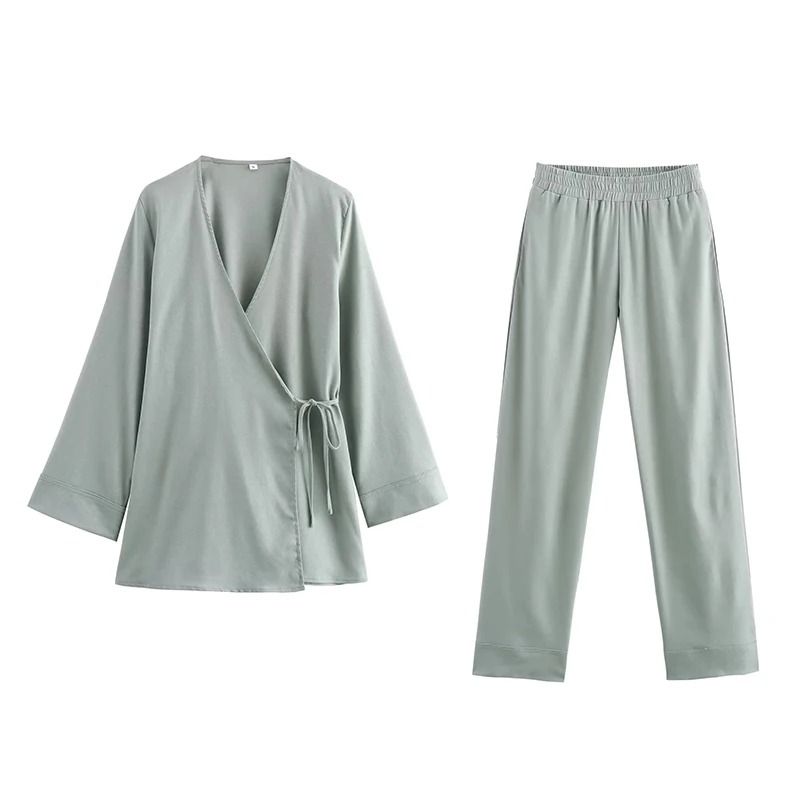 Womens Kimono Style Two Piece Outfit with Lace Up Top and Wide Leg Pants