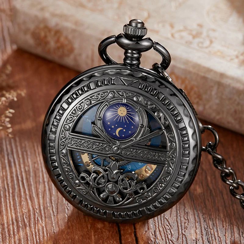 Mechanical Pocket Watch Star and Moon Phase Skeleton Design