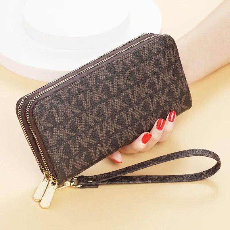 Womens Long Double Zipper Wallet With Phone Card And Wristlet Design
