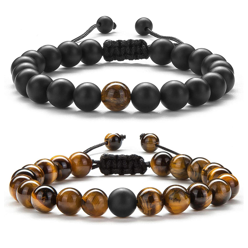 Natural Stone Charm Bead Bracelet Set Onyx Beaded Couple Distance Bracelets Stretch Jewelry for Women Men