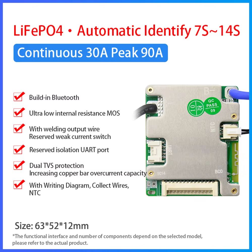 JiaBaiDa Smart BMS 7S–14S 20A/30A Battery Management System – Automatic Identify LFP NMC 24V 36V 48V Protection Board