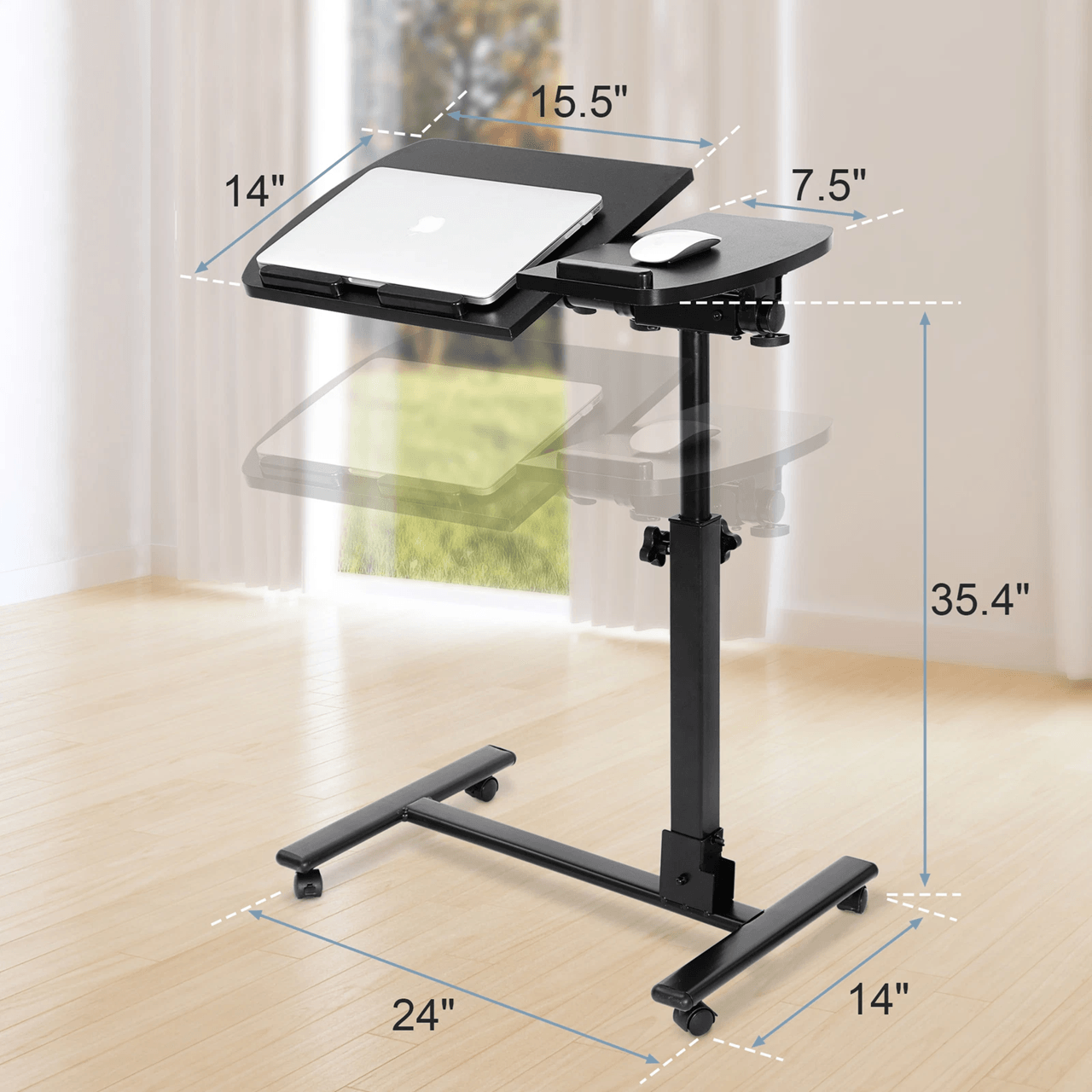 Adjustable Rolling Laptop Desk with Tilting Tabletop and Overbed Design