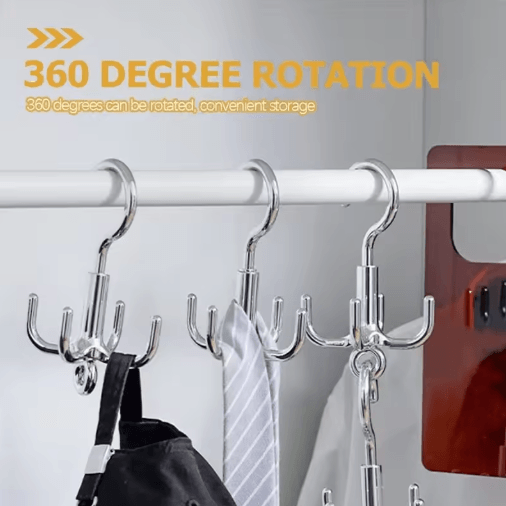 Rotating Clothes Hooks with 4 Claws (3-Pack) – Punch-Free Wardrobe Hanger for Belts, Scarves & Coats